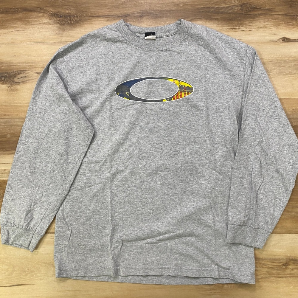 Vintage Oakley Graphic Long Sleeve T-Shirt Size L Logo Print Cotton Grey Mens